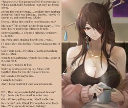  bed beidou breasts brown_hair caption caption_only cleavage drinking eyepatch femsub genshin_impact hair_ornament happy_trance huge_breasts hypnosis_addiction hypnotic_touch large_breasts love maledom manip monsieurchuchote_(writer) red_eyes smile text tommy_(kingdukeee) wholesome 