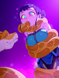  absurdres asphyxiation aura aware bare_shoulders blush breasts character_request clothed coils earrings femsub glowing_eyes gradient_background hypnotic_eyes kaa_eyes kpop_demon_hunters purple_background purple_hair restrained rind_rin00 ring_eyes short_hair simulated_fellatio snake spiral sweat symbol tagme zoey_(kpop_demon_hunters) 