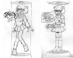 before_and_after femsub glasses greyscale hair_ribbon kandlin monochrome ribbon robot robotization scooby-doo_(series) short_hair sketch tech_control text transformation velma_dinkley