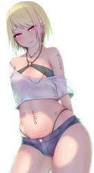  androgynous bulge corruption crotch_tattoo earrings femboy heart heart_eyes heart_tattoo jean_shorts jewelry licking male_only malesub midriff navel_piercing ni_crying nipple_piercing original piercing short_hair solo symbol_in_eyes tattoo tongue tongue_out trap 