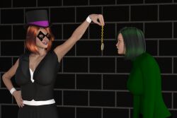 3d female_only femdom green_hair hypno-sis_(the4thsnake) kathy_(theheckle) mask orange_hair original pocket_watch smile spiral_eyes super_hero sweater symbol_in_eyes theheckle top_hat