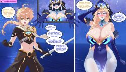 absurdres aether_(genshin_impact) ahoge ass_expansion bare_shoulders before_and_after blonde_hair blue_lipstick blush braid breasts cleavage clothed comic corruption enemy_conversion english_text eye_mask eyebrows_visible_through_hair eyeshadow femdom feminization femsub genshin_impact gloves hair_growth happy_trance helmet hourglass_figure huge_breasts large_breasts lipstick long_hair malesub mask midriff mirror_maiden_(genshin_impact) multicolored_hair multiple_girls navel oggemyman open_mouth opera_gloves saluting signature smile speech_bubble standing sword text thighs tight_clothing transformation transgender very_long_hair weapon yellow_eyes 