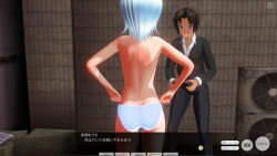 3d blue_eyes blue_hair breasts brown_hair business_suit comic crown dialogue femsub glasses hitori hypnotic_accessory jewelry large_breasts original panties remote_control school_uniform short_hair tech_control text topless underwear undressing