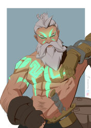 abs absurdres aura bare_shoulders beard body_markings empty_eyes eye_color_change facial_markings fingerless_gloves gangplank_(league_of_legends) gloves glowing glowing_eyes green_eyes hair_color_change hayashidraws league_of_legends male_only maledom malesub mustache pirate possession simple_background tattoo viego_(league_of_legends) white_hair
