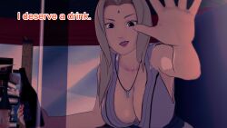 aware beer blonde_hair brown_eyes clothed dialogue dogdog english_text female_only naruto_(series) solo text tsunade