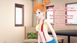 angry aware blue_eyes clothed clothed_exposure dialogue female_only jean_shorts misty mustardsauce orange_hair pokemon pokemon_(anime) solo suspenders text underboob