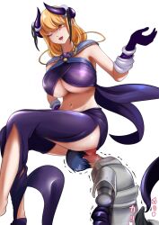 blonde\_hair breasts cleavage curvy demon demon\_girl demon\_queen\_(nisemono) femdom horns hourglass\_figure hypnotic\_magic large\_breasts malesub nisemono smile symbol\_in\_eyes