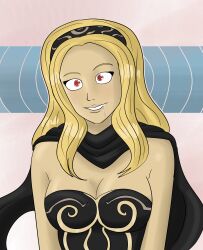 absurdres blonde_hair cape cleavage drool female_only femsub gravity_rush happy_trance headband kat_(gravity_rush) polmanning red_eyes smile solo spiral_eyes symbol_in_eyes tan_skin