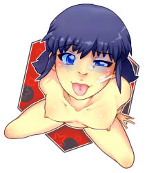 artist_request bare_shoulders black_hair blue_eyes bottomless breasts collarbone cum cum_on_body cum_on_face femsub glowing glowing_eyes jabberwocky_(manipper) kneeling manip marinette_dupain-cheng miraculous_ladybug nude small_breasts tongue tongue_out topless twintails