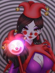 black_hair breasts clown earrings face_paint female_only femdom hat jester jestrix_(sumdudehere) jewelry large_breasts long_hair original porniky pov pov_sub spiral spiral_eyes staff symbol_in_eyes