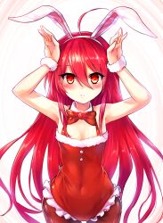 blush bow_tie breasts bunny_ears christmas collar cuffs dazed expressionless glowing glowing_eyes hand_on_head ks long_hair manip red_eyes red_hair santa_costume shakugan_no_shana shana simple_background small_breasts spiral_eyes symbol_in_eyes white_background