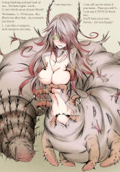  blush bug_girl caption claws cleavage femdom glowing glowing_eyes hypnotic_eyes looking_at_viewer manip monster_girl multiple_legs nude pov pov_sub red_hair sangyou_haikibutsu t323_(manipper) text 
