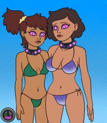  amphibia anne_boonchuy bikini breast_press breasts brown_hair collar dark_skin disney expressionless milf mother_and_daughter open_mouth ordeper_arts oum_boonchuy purple_eyes short_hair tech_control tied_hair 