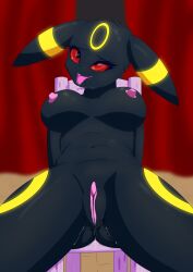  absurdres bottomless breasts drool female_only femsub furry happy_trance large_breasts nintendo nude open_mouth pokemon pokemon_(creature) pussy pussy_juice secret_pony_guy sitting smile tongue tongue_out topless umbreon 