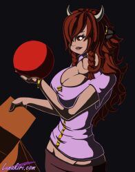  allison_(argonis) animated animated_gif brain_injection breasts breasts_outside brown_eyes cleavage cow_girl female_only femsub horns large_breasts long_hair lunakiri office_lady open_clothes original red_hair slime story 