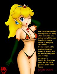 bikini blonde_hair breasts clothed_exposure corruption crown empty_eyes female_only femsub gloves happy_trance jewelry large_breasts long_hair looking_at_viewer micro_bikini nintendo open_mouth opera_gloves princess princess_peach solo super_mario_bros. text