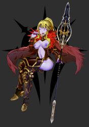  absurdres alternate_costume armor blonde_hair boots breasts cape circlet clair_(fire_emblem) cleavage corruption crossed_legs ebinku enemy_conversion female_only fire_emblem fire_emblem_echoes harrier_(fire_emblem) high_heels long_hair long_tongue looking_at_viewer manip nail_polish naughty_face navel nintendo ponytail purple_skin simple_background sitting solo spear thigh_boots thighhighs thighs weapon white_background 
