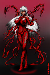 absurdres breasts cleavage dark_skin erect_nipples female_only high_heels large_breasts original red_eyes rikatsuky symbiote tentacles white_hair