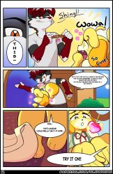  absurdres animal_crossing artifact_the_fox black_eyes blonde_hair bow closed_eyes clothed collar comic dialogue dog_girl dress_shirt evil_smile flower fox_boy furry glass glowhorn hair_ribbon heart isabelle_(animal_crossing) magic nintendo orange_eyes plant red_hair ribbon sharp_teeth shirt shorts shortstack simple_background smile smug sparkle tongue 