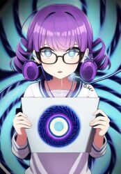  ai_art cables curly_hair drool empty_eyes expressionless glasses glowing_eyes novelai_(ai) open_mouth purple_hair qiller spiral tech_control 