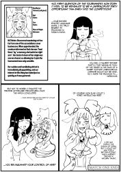 clothed dialogue drool empty_eyes english_text expressionless faetomi female_only femdom femsub long_hair multiple_girls original simple_background sweat text white_background wholesome