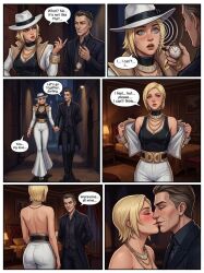  ai_art bedroom blonde_hair blue_eyes blush comic dagger_(marvel) deadlyduel fedora femsub gold hypnotic_eyes kissing maledom marvel_comics marvel_rivals 