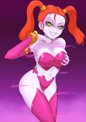  alternate_costume bare_shoulders breast_fondling breasts cleavage corruption dragon_quest_(series) dragon_quest_viii empty_eyes evil_smile female_only gradient_background jessica_albert jewelry large_hips leaning_forward lipstick looking_at_viewer makeup orange_hair purple_background purple_lipstick shrunken_irises simple_background smile solo square_enix thighhighs twintails yamimochi yellow_eyes 