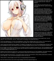  blush breasts caption cleavage dialogue empty_eyes expressionless female_only femdom femsub headphones holding_breasts hypnotic_audio hypnotic_music large_breasts long_hair manip nitroplus open_clothes open_shirt pink_hair red_eyes shirt simple_background solo super_sonico tech_control text white_background wires 