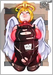  angel blonde_hair bondage character_request cleavage empty_eyes erect_nipples erect_nipples_under_clothes female_only femsub halo happy_trance large_breasts navel original pupsoph red_eyes signature torn_clothes wings 