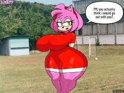  absurdres amy_rose ars99 clothed comic dialogue dress furry green_eyes hair_band huge_ass huge_breasts looking_at_viewer open_mouth outdoors phone pink_hair pink_skin short_hair signature smile sonic_the_hedgehog_(series) speech_bubble standing text thick_thighs 