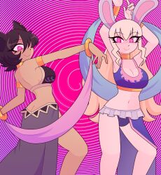  arms_above_head bare_legs black_hair breasts bunny_ears bunny_girl character_request costume dancer dancing happy_trance kali_belladonna legs long_hair looking_at_viewer milf rakuma-imp rwby short_hair smile spiral_background spiralwash_eyes tagme thighs 