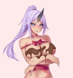 absurdres bottomless breasts chocolate cleavage empty_eyes female_only femsub happy_trance heart heart_eyes hevn horns large_breasts long_hair looking_at_viewer naked_ribbon navel oni_girl open_mouth ponytail purple_hair ribbon shion_(tensei_slime) solo symbol_in_eyes that_time_i_got_reincarnated_as_a_slime valentine&#039;s_day