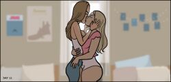  ass ass_expansion before_and_after bimbofication blonde_hair breast_expansion breasts brown_hair clothed comic female_only femsub glasses kissing lipstick sortimid text transformation virus yuri 
