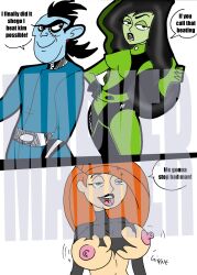  black_hair blue_skin brain_drain breast_expansion breasts disney dr._drakken femsub green_eyes green_skin kim_possible kim_possible_(series) maledom marker open_mouth red_hair shego text topless torn_clothes watermark 