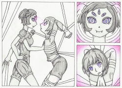 bondage breasts emerald_lazers empty_eyes expressionless frisk_(undertale) glowing glowing_eyes monochrome muffet open_mouth spiral_eyes symbol_in_eyes tagme traditional undertale