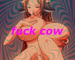  animal_ears animated animated_gif bottomless breast_sucking breasts cow cow_girl femsub horns hucow huge_breasts lactation large_breasts licking milking milking_machine nude saaass_(manipper) seizure_warning self_breast_sucking spiral subliminal text topless 
