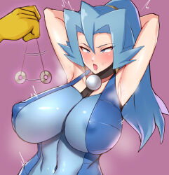 ahegao arms_above_head blue_eyes blue_hair blush breasts clair coin drool empty_eyes erect_nipples femsub hypno large_breasts long_hair maledom midriff miga nintendo nipples open_mouth pendulum pokemon pokemon_heartgold_and_soulsilver ponytail sweat tongue tongue_out 