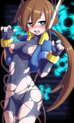 aile blush brain_injection brown_hair cables capcom female_only green_eyes happy_trance heart heart_eyes megaman_(series) megaman_zx open_mouth robot semikichi short_hair symbol_in_eyes tech_control torn_clothes