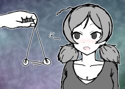  ahoge character_request chiry cleavage coin collarbone eyebrows_visible_through_hair female_only femsub grey_eyes idolmaster_cinderella_girls open_mouth pendulum shirt solo spiral_eyes twintails 