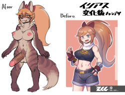 before_and_after breasts cleavage corruption dog_girl erect_nipples furry futanari large_breasts mokushi-c3 navel original penis text tongue tongue_out transformation wolf_girl