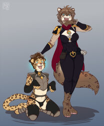  arm_warmers ash_(ashkelling) begging belt blue_eyes brown_hair cape cat_girl drool fangs femdom furry hand_on_head happy_trance kathrin_vaughan kidcub kneeling leopard_boy magic malesub open_mouth short_hair simple_background smug thong tongue_out twokinds 