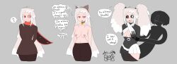  absurdres alternate_costume bangs bare_breasts bare_shoulders black_sclera breast_grab breasts cat_ears cat_girl cleavage_cutout collar collarbone comic confused dialogue expressionless eyelashes fake_animal_ears female_only femdom femsub groping happy_trance heavy_eyelids heterochromia hypnotic_mask leggings long_hair mantra multicolored_hair navel nipples open_mouth original red_eyes red_sclera scarf shade_(sobergin) short_skirt signature simple_background smile sobergin spiral_eyes sweater text tongue tongue_out topless twintails very_long_hair white_eyes white_hair 