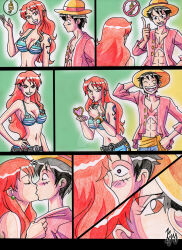 bikini black_hair breasts cleavage comic earrings femdom hat heart heart_eyes hypnotic_lipstick jewelry kissing kyo-domesticfucker large_breasts lipstick long_hair makeup malesub midriff mirror monkey_d._luffy nami_(one_piece) one_piece open_clothes orange_hair short_hair symbol_in_eyes traditional