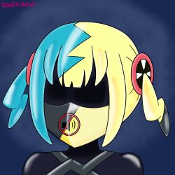 blonde_hair blue_hair bodysuit canari_(pokemon) drone dronification faceless female_only femsub hair_ornament mask multicolored_hair nintendo pokemon pokemon_legends_z-a short_hair twintails usakiki