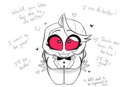  black_eyes breasts charlie_(hazbin_hotel) clothed dialogue english_text femsub happy_trance hazbin_hotel heart heart_eyes kneeling looking_at_viewer maledom plasticrarity red_sclera ring_eyes simple_background sitting smile spiralwash_eyes suit symbol symbol_in_eyes text vox white_background 
