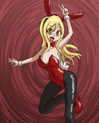  blonde_hair breasts bunny_ears bunny_girl bunnysuit cleavage clothed dancer dancing fake_animal_ears fake_tail female_only femsub happy_trance jodie_(zorro-zero) long_hair looking_at_viewer mythkaz original pantyhose smile solo spiral_eyes tail v 