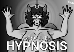  arms_above_head breasts brown_hair expressionless femsub greyscale horns kilroylucy18 lizard_girl lucy_theodulf_(kilroylucy) meme nude original pendulum text 