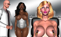  3d andrea_(hypnoman) bald black_hair blonde_hair blush bracelet breasts brown_lipstick cleavage collarbone earrings erect_nipples femsub glasses hot_paradise huge_breasts hypnoman jewelry kendra_(hypnoman) long_hair maledom milf pink_lipstick pussy short_hair standing sunglasses tech_control thick_thighs waitress white_eyes 
