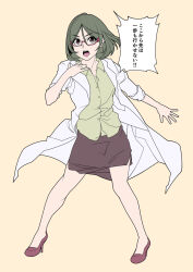 dialogue dress_shirt female_only glasses green_hair high_heels lab_coat person_of_rom short_hair simple_background skirt text translated