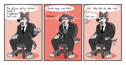  before_and_after blueballs blush chair clothed comic cum cum_in_clothing denial dialogue furry handsfree_ejaculation male_only malesub non-human_feet office orgasm orgasm_command paws simple_background sitting suit text trigger unaware wolf_boy 